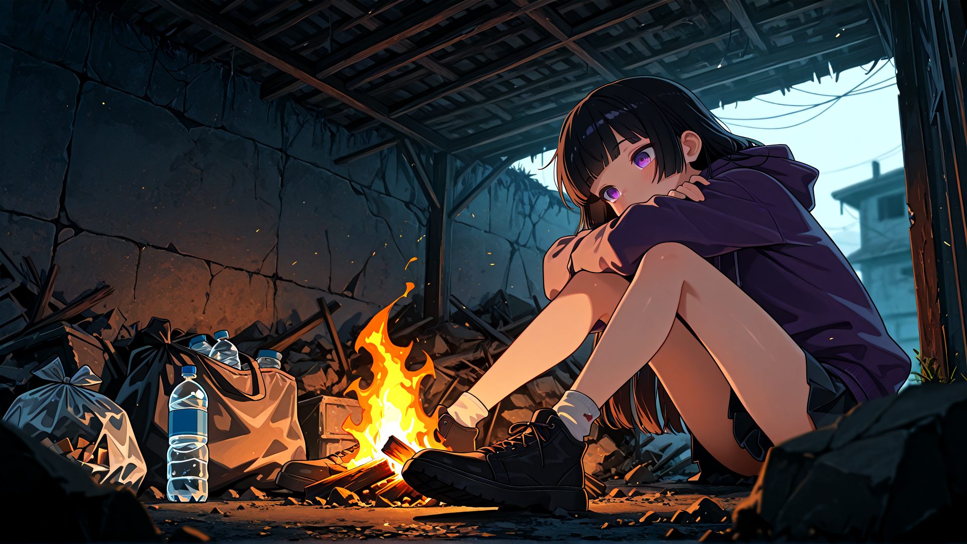 廃墟の屋根の下、たき火のそばに座る紫のパーカーの女の子
